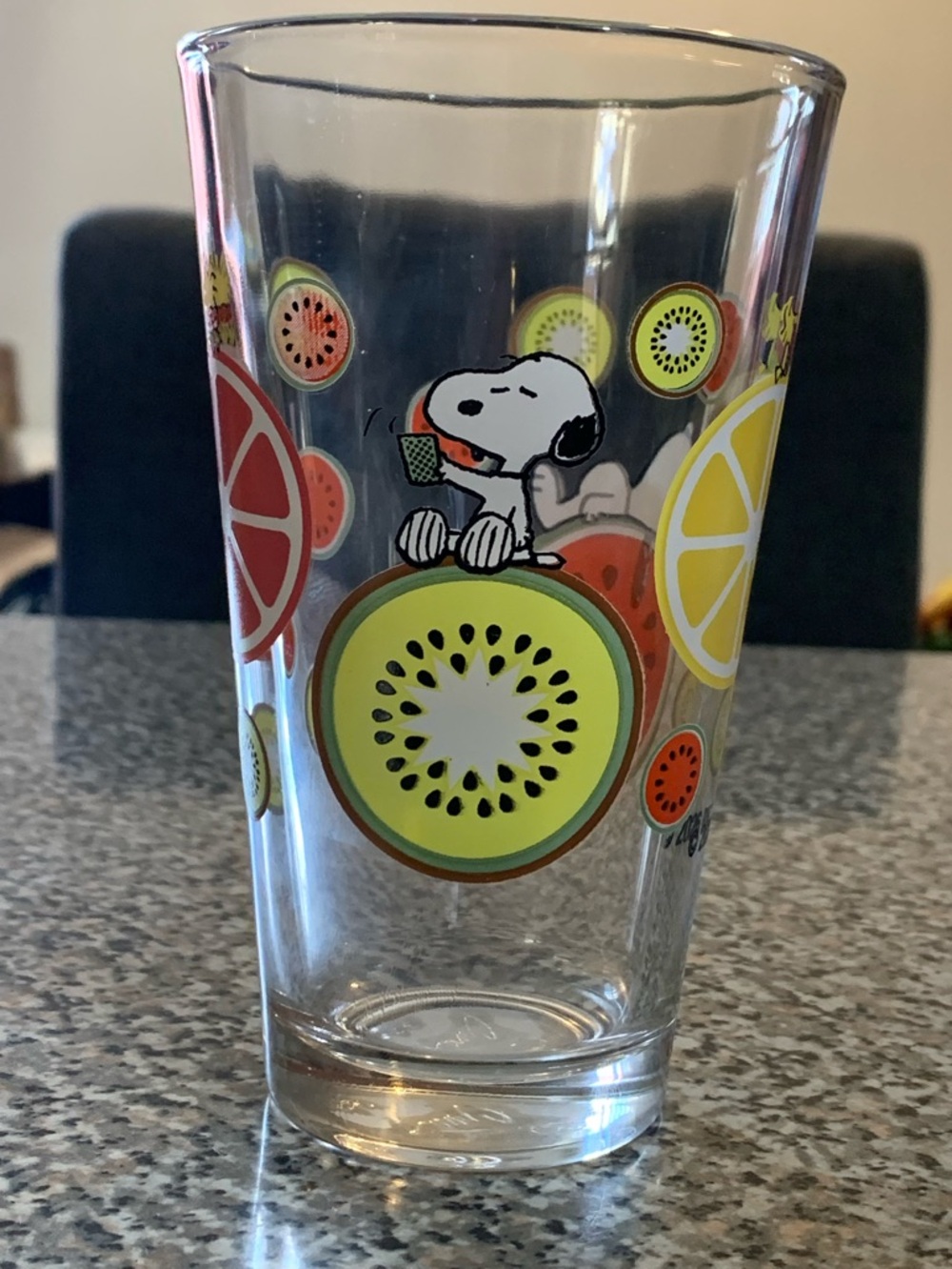 Peanuts Snoopy Clear Glass with Yellow, Green & Orange Fruit Motif